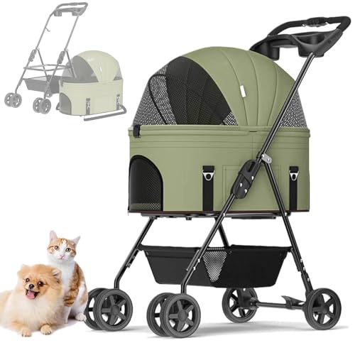 RUYICZB Hundewagen Haustiere Buggy Bis 17Kg, Hundebuggy Mit Aufbewahrungskorb, Faltbarer Hundetrolley, 360° Vorderrad, Hinterrad Mit Bremse, Abnehmbarem Katzenbuggy Für Kleine Hunde Katzen,Grün von RUYICZB