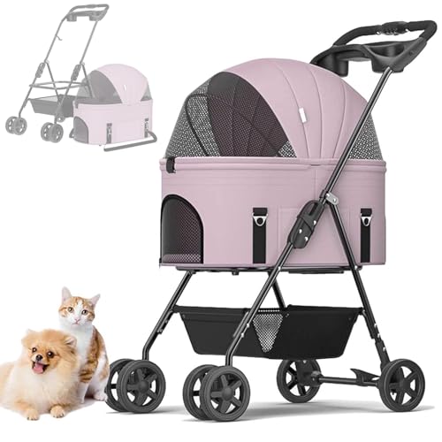 RUYICZB Hundewagen Haustiere Buggy Bis 17Kg, Hundebuggy Mit Aufbewahrungskorb, Faltbarer Hundetrolley, 360° Vorderrad, Hinterrad Mit Bremse, Abnehmbarem Katzenbuggy Für Kleine Hunde Katzen,Lila von RUYICZB