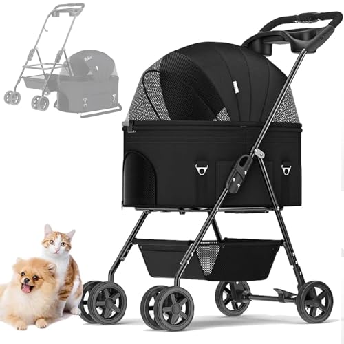 RUYICZB Hundewagen Haustiere Buggy Bis 17Kg, Hundebuggy Mit Aufbewahrungskorb, Faltbarer Hundetrolley, 360° Vorderrad, Hinterrad Mit Bremse, Abnehmbarem Katzenbuggy Für Kleine Hunde Katzen,Schwarz von RUYICZB