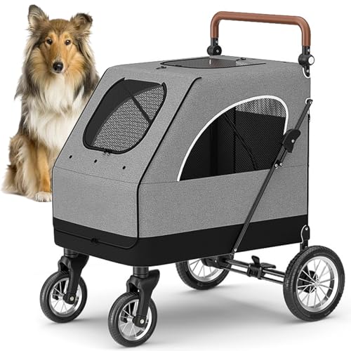 RUYICZB Hundewagen Hundebuggy Bis 55Kg, Klappbar Hundebox Große Transporttasche Jogger Katzenbuggy Katzenwagen Hundetrolley Mit Netzfenster, Soft Touch Griffe, Einfach Faltbar Auf von RUYICZB