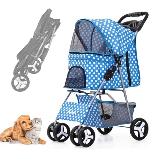 RUYICZB Hundewagen Hundebuggy Mit Klappfunktion Pet Stroller Für Kleine Hunde Und Katzen Faltbarer Hundewagen Mit Aufbewahrungskorb Kinderwagen Hunde Oxford Haustiere Reisekinderwagen,Blue dot von RUYICZB