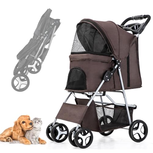 RUYICZB Hundewagen Hundebuggy Mit Klappfunktion Pet Stroller Für Kleine Hunde Und Katzen Faltbarer Hundewagen Mit Aufbewahrungskorb Kinderwagen Hunde Oxford Haustiere Reisekinderwagen,Kaffee von RUYICZB