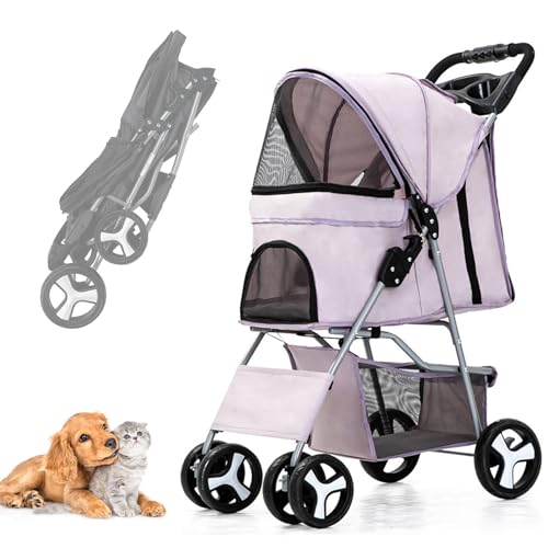 RUYICZB Hundewagen Hundebuggy Mit Klappfunktion Pet Stroller Für Kleine Hunde Und Katzen Faltbarer Hundewagen Mit Aufbewahrungskorb Kinderwagen Hunde Oxford Haustiere Reisekinderwagen,Light Purple von RUYICZB