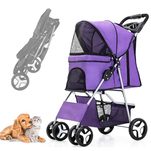 RUYICZB Hundewagen Hundebuggy Mit Klappfunktion Pet Stroller Für Kleine Hunde Und Katzen Faltbarer Hundewagen Mit Aufbewahrungskorb Kinderwagen Hunde Oxford Haustiere Reisekinderwagen,Lila von RUYICZB