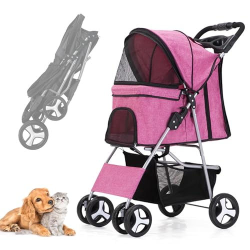 RUYICZB Hundewagen Hundebuggy Mit Klappfunktion Pet Stroller Für Kleine Hunde Und Katzen Faltbarer Hundewagen Mit Aufbewahrungskorb Kinderwagen Hunde Oxford Haustiere Reisekinderwagen,Linen Rosy von RUYICZB