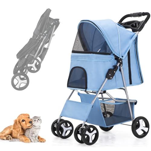 RUYICZB Hundewagen Hundebuggy Mit Klappfunktion Pet Stroller Für Kleine Hunde Und Katzen Faltbarer Hundewagen Mit Aufbewahrungskorb Kinderwagen Hunde Oxford Haustiere Reisekinderwagen,Sky Blue von RUYICZB