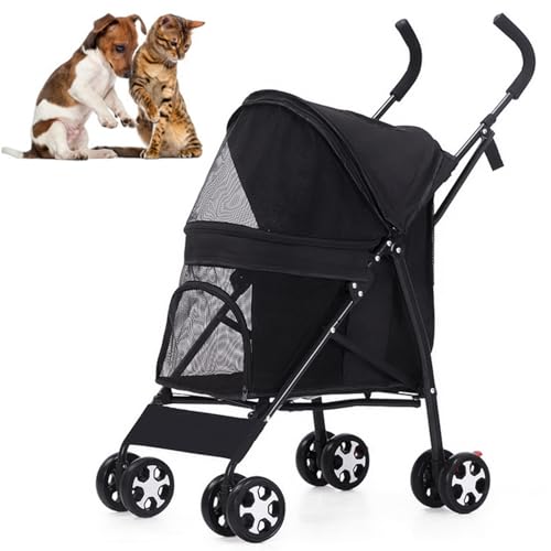 RUYICZB Hundewagen Leichte Faltbarer Hundebuggy Klappbare Tragbare Katzenbuggy Haustier-Kinderwagen Für Kleine Und Mittle Hunde Katzen Bis 10Kg,Mit Sonnenschutz, Netzfenster,Schwarz von RUYICZB