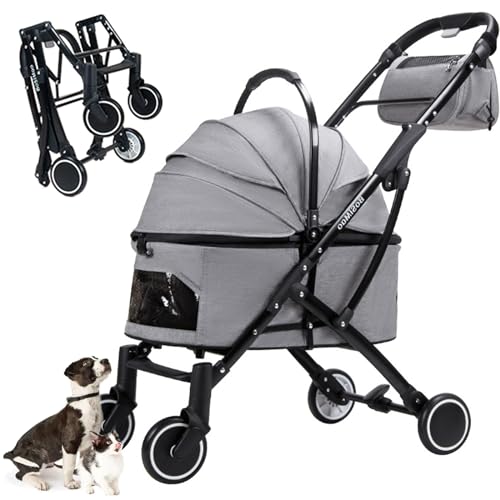 RUYICZB Hundewagen & Haustier Buggy Bis 20Kg Hundebuggy Für Kleine Hunde Katzen Haustier-Kinderwagen Mit Abnehmbarer Transportwanne, Aufbewahrungskorb Tasche, 360° Vorderrad, Bremse,Grau von RUYICZB