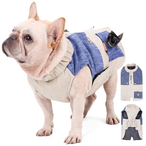 RUYICZB Hundmantel Winterjacke Mit Tasche, Kälte Mäntel Weste, Haustier Warm British Style Kleidung Outfits Für Kleine Medium Große Hunde Zurück Reißverschluss Leine Loch,Blau,3XL von RUYICZB