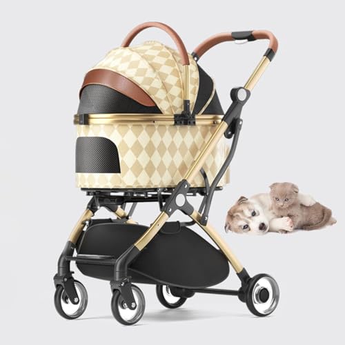 RUYICZB Jogger-Kinderwagen für Haustiere mit 4 Rädern und Abnehmbarer Trage, Reise-Hundewagen mit Aufbewahrungskorb, atmungsaktiver All-Terrain-Katzenkinderwagen,Gold von RUYICZB