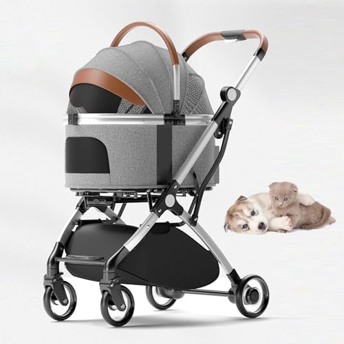 RUYICZB Jogger-Kinderwagen für Haustiere mit 4 Rädern und Abnehmbarer Trage, Reise-Hundewagen mit Aufbewahrungskorb, atmungsaktiver All-Terrain-Katzenkinderwagen,Grau von RUYICZB