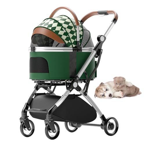 RUYICZB Jogger-Kinderwagen für Haustiere mit 4 Rädern und Abnehmbarer Trage, Reise-Hundewagen mit Aufbewahrungskorb, atmungsaktiver All-Terrain-Katzenkinderwagen,Grün von RUYICZB