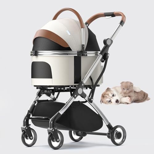 RUYICZB Jogger-Kinderwagen für Haustiere mit 4 Rädern und Abnehmbarer Trage, Reise-Hundewagen mit Aufbewahrungskorb, atmungsaktiver All-Terrain-Katzenkinderwagen,Weiß von RUYICZB