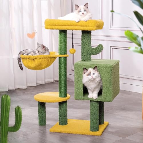 RUYICZB Kaktus Katzenbaum 88Cm Für Indoor-Katzen Condo Katzenhaus Mit Hängematte Höhle Katzenaktivitätzentrum Mit Top Abnehmbaren Bett Sisalstämme Katzenkratzbaum,Gelb von RUYICZB