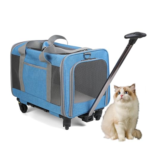 RUYICZB Katzen-/Hundetragetasche mit Rädern, Reisetragetasche für Hunde mit Teleskopgriff und verbesserten Rädern, Premium-Transporttasche für Haustiere,Blau von RUYICZB