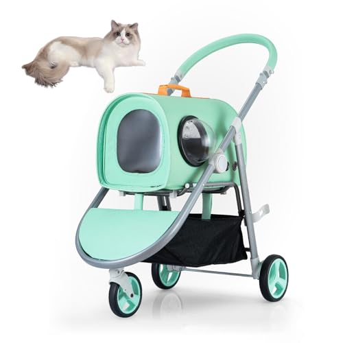 RUYICZB Katzenkäfig-Jogging-Kinderwagen für kleine Hunde, Faltbarer Haustier-Kinderwagen mit Aufbewahrungskorb und atmungsaktivem sichtbarem Netz,Grün von RUYICZB