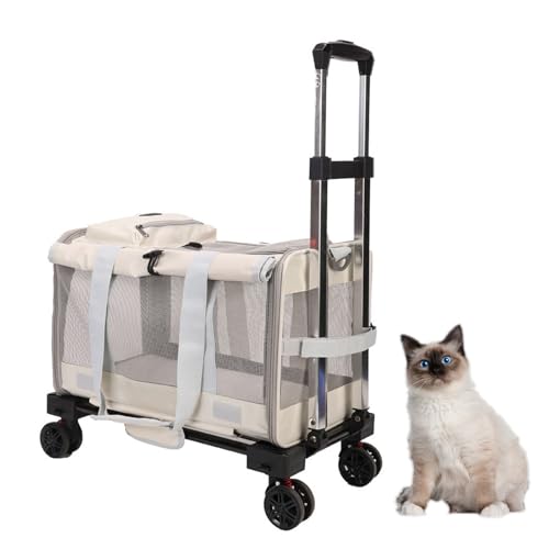 RUYICZB Katzentragetasche mit Rädern, Rollende Katzen-/Hundetragetasche für mittelgroße Hunde, Hunde-Reisetragetasche mit Teleskopgriff und verbesserten Rädern,Beige von RUYICZB