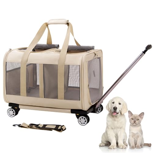 RUYICZB Katzentransportbox, Transportbox Hund Mit Abnehmbarer Stangenplattform Und Verbesserten Rädern, Faltbare Haustier-Reisetragetasche Transporttasche Mit Räder 2 Katzen,Beige von RUYICZB