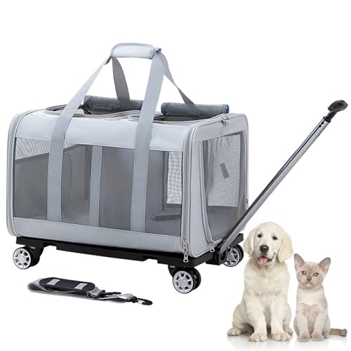 RUYICZB Katzentransportbox, Transportbox Hund Mit Abnehmbarer Stangenplattform Und Verbesserten Rädern, Faltbare Haustier-Reisetragetasche Transporttasche Mit Räder 2 Katzen,Light Gray von RUYICZB