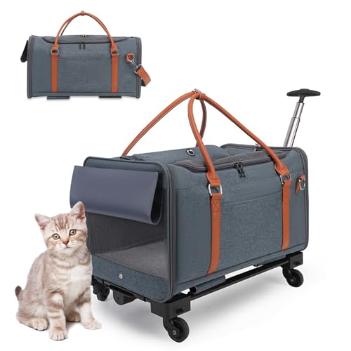 RUYICZB Katzentransportbox mit Rädern, Reisebox für Haustiere mit verbesserten Rädern und Teleskopgriff, von Fluggesellschaften zugelassene Hundetransportboxen,Dark Grey von RUYICZB