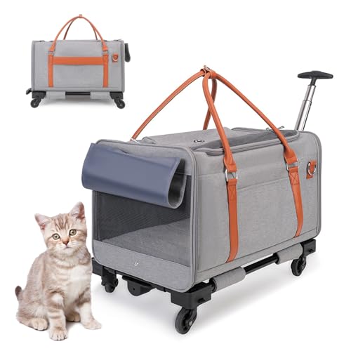 RUYICZB Katzentransportbox mit Rädern, Reisebox für Haustiere mit verbesserten Rädern und Teleskopgriff, von Fluggesellschaften zugelassene Hundetransportboxen,Light Grey von RUYICZB