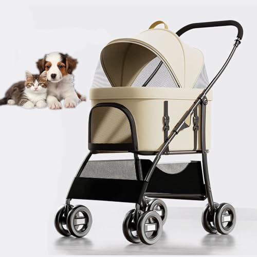 RUYICZB Kinderwagen für Haustiere mit Abnehmbarer Tragetasche, Faltbarer 3-in-1-Joggingwagen für Hunde und Katzen mit 4 Rädern, Autositz und Kinderwagen für Haustiere,Apricot von RUYICZB