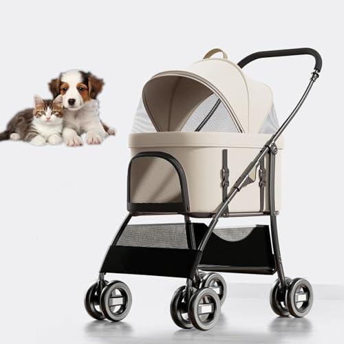 RUYICZB Kinderwagen für Haustiere mit Abnehmbarer Tragetasche, Faltbarer 3-in-1-Joggingwagen für Hunde und Katzen mit 4 Rädern, Autositz und Kinderwagen für Haustiere,Beige von RUYICZB