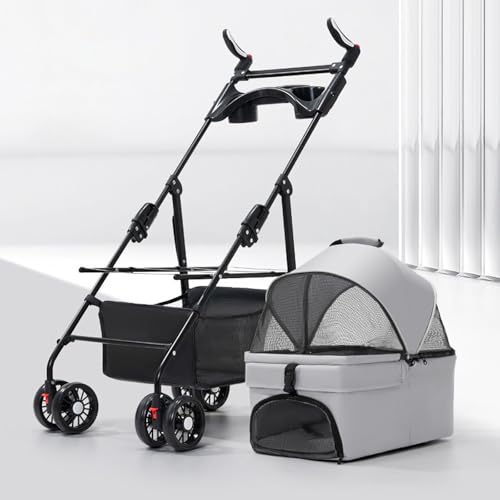 RUYICZB Kinderwagen für Hunde und Katzen mit 4 Rädern, Jogger-Kinderwagen mit Hundekäfig, verstellbarem Griff und Sonnenschutz, Faltbarer Kinderwagen für Haustiere,Gray (with Tray) von RUYICZB