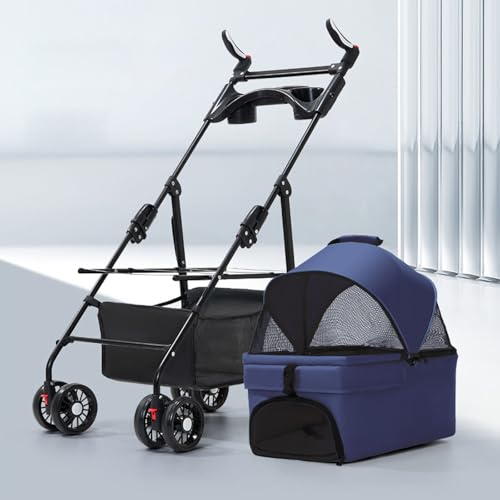 RUYICZB Kinderwagen für Hunde und Katzen mit 4 Rädern, Jogger-Kinderwagen mit Hundekäfig, verstellbarem Griff und Sonnenschutz, Faltbarer Kinderwagen für Haustiere,Navy Blue (with Tray) von RUYICZB