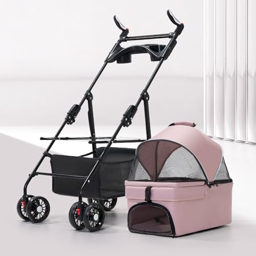 RUYICZB Kinderwagen für Hunde und Katzen mit 4 Rädern, Jogger-Kinderwagen mit Hundekäfig, verstellbarem Griff und Sonnenschutz, Faltbarer Kinderwagen für Haustiere,Pink (with Tray) von RUYICZB