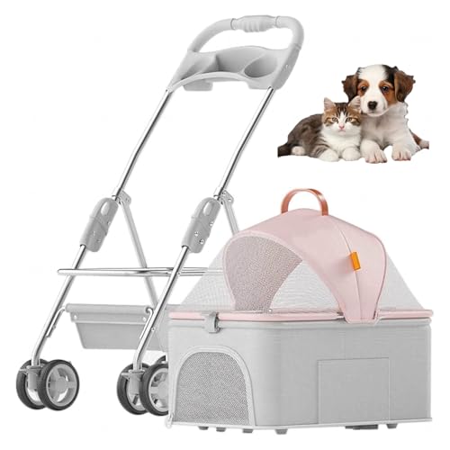 RUYICZB Kinderwagen für Hunde und Katzen mit 4 Rädern, Welpenkinderwagen mit Abnehmbarer Tragetasche und Aufbewahrungskorb, Leichter, atmungsaktiver Kinderwagen für Haustiere,Rosa von RUYICZB