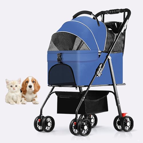 RUYICZB Kinderwagen für kleine Katzen und Hunde mit Abnehmbarer Tragetasche, mit einem klick zusammenklappbarer 4-Rad-Reisekinderwagen für Haustiere, Welpenkinderwagen,Blau von RUYICZB