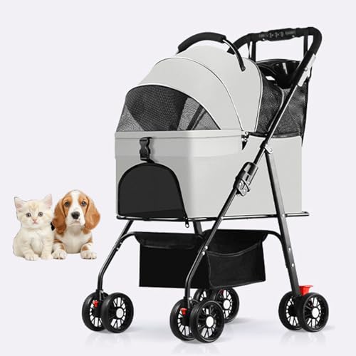 RUYICZB Kinderwagen für kleine Katzen und Hunde mit Abnehmbarer Tragetasche, mit einem klick zusammenklappbarer 4-Rad-Reisekinderwagen für Haustiere, Welpenkinderwagen,Grau von RUYICZB