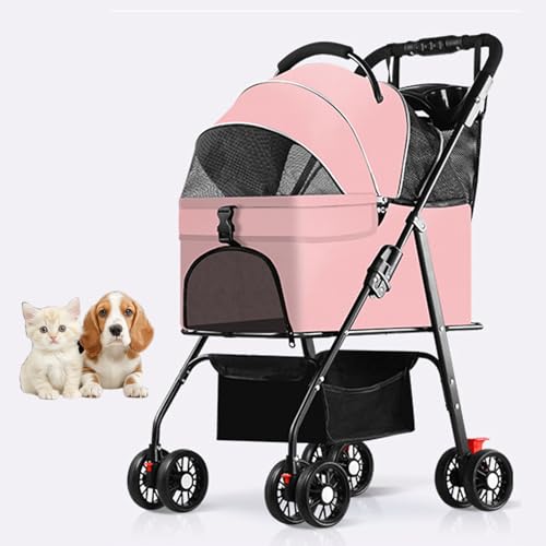 RUYICZB Kinderwagen für kleine Katzen und Hunde mit Abnehmbarer Tragetasche, mit einem klick zusammenklappbarer 4-Rad-Reisekinderwagen für Haustiere, Welpenkinderwagen,Rosa von RUYICZB