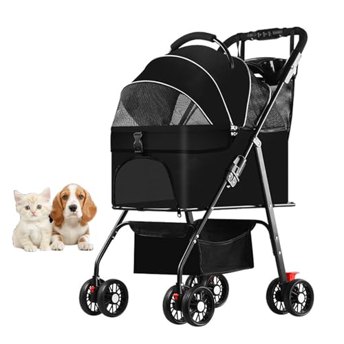 RUYICZB Kinderwagen für kleine Katzen und Hunde mit Abnehmbarer Tragetasche, mit einem klick zusammenklappbarer 4-Rad-Reisekinderwagen für Haustiere, Welpenkinderwagen,Schwarz von RUYICZB