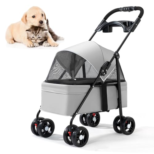 RUYICZB Kinderwagen mit 4 Rädern, Katzen-/Hundekäfig-Buggy mit zu öffnendem Verdeck vorne und hinten und Netzfenster, Haustier-Buggy für Hunde und Katzen zum Ausgehen,Grau von RUYICZB