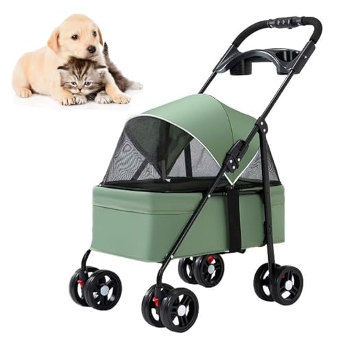 RUYICZB Kinderwagen mit 4 Rädern, Katzen-/Hundekäfig-Buggy mit zu öffnendem Verdeck vorne und hinten und Netzfenster, Haustier-Buggy für Hunde und Katzen zum Ausgehen,Grün von RUYICZB