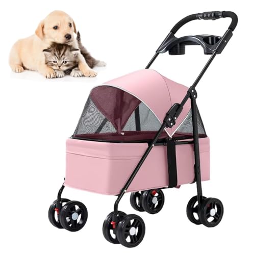 RUYICZB Kinderwagen mit 4 Rädern, Katzen-/Hundekäfig-Buggy mit zu öffnendem Verdeck vorne und hinten und Netzfenster, Haustier-Buggy für Hunde und Katzen zum Ausgehen,Rosa von RUYICZB