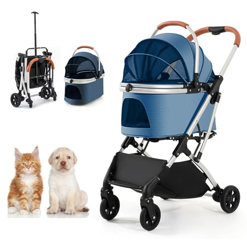 RUYICZB Kinderwagen mit 4 Rädern für Hunde und Katzen, leicht zusammenklappbarer Hunde-/Katzenbuggy mit Faltbarer Reisetragetasche und atmungsaktivem und sichtbarem Netz,Blau von RUYICZB