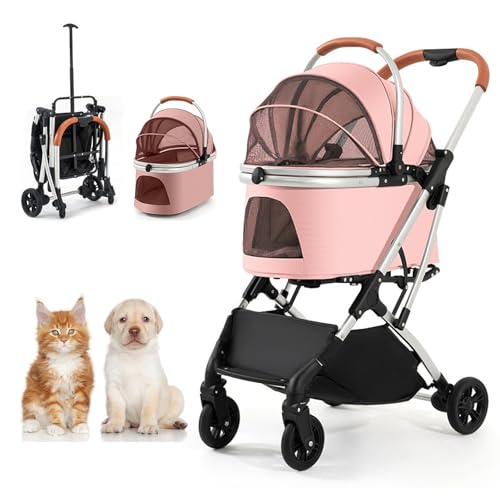 RUYICZB Kinderwagen mit 4 Rädern für Hunde und Katzen, leicht zusammenklappbarer Hunde-/Katzenbuggy mit Faltbarer Reisetragetasche und atmungsaktivem und sichtbarem Netz,Rosa von RUYICZB