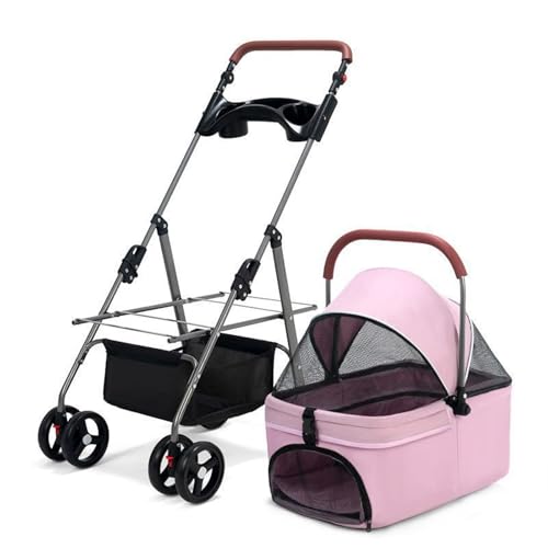 RUYICZB Kinderwagen mit Käfig für Katzen und Hunde, leicht zusammenklappbarer Welpenkäfig-Jogger-Kinderwagen, Hundebuggy mit atmungsaktivem und sichtbarem Netz,Rosa von RUYICZB