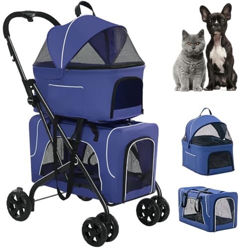 RUYICZB Klappbarer Hundewagen, 2 Etagen Hundewagen Für Kleine Hunde Und Katzen, Pet Stroller Hundebuggy Für Mehrere Haustiere, Hundebox Für Hunde & Katzen,Blau von RUYICZB