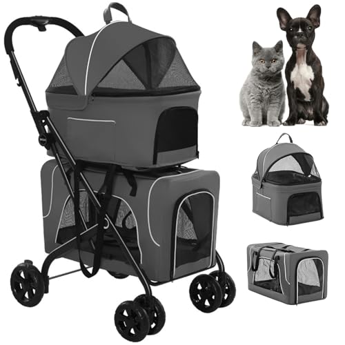 RUYICZB Klappbarer Hundewagen, 2 Etagen Hundewagen Für Kleine Hunde Und Katzen, Pet Stroller Hundebuggy Für Mehrere Haustiere, Hundebox Für Hunde & Katzen,Grau von RUYICZB