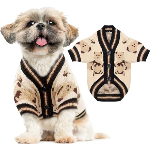 RUYICZB Kleine Hundepullover Niedlicher Bär Hundestrickjacken Kleidung Für Kleine Mittelgroße Hunde Junge Mädchen Welpe Strickoutfits Hundewintermäntel Warme Haustier Hundekleidung,Beige,S von RUYICZB