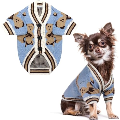 RUYICZB Kleine Hundepullover Niedlicher Bär Hundestrickjacken Kleidung Für Kleine Mittelgroße Hunde Junge Mädchen Welpe Strickoutfits Hundewintermäntel Warme Haustier Hundekleidung,Blau,XL von RUYICZB