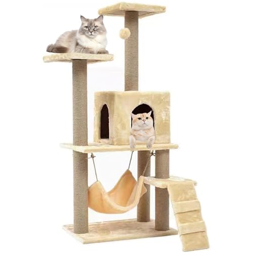 RUYICZB Kratzbaum 125Cm Stabiler Katzenkratzbaum Kletterbaum Für Katzen Für Wohnungskatzen All-In-One-Katzenhaus Mit Gemütlichen Hängematte Plüschbälle Aussichtsplattform Plüsch,Beige von RUYICZB