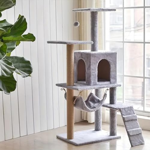 RUYICZB Kratzbaum 125Cm Stabiler Katzenkratzbaum Kletterbaum Für Katzen Für Wohnungskatzen All-In-One-Katzenhaus Mit Gemütlichen Hängematte Plüschbälle Aussichtsplattform Plüsch,Grau von RUYICZB