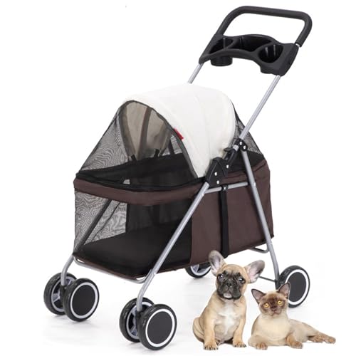 RUYICZB Leichter Kinderwagen für Haustiere, tragbarer, Faltbarer Hundekinderwagen mit multifunktionalem Getränkehalter, Hunde-/Katzenkinderwagen mit feststellbaren Rädern,Braun von RUYICZB