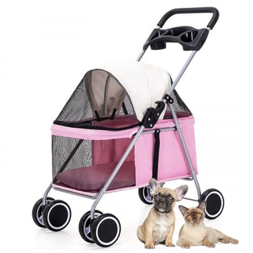 RUYICZB Leichter Kinderwagen für Haustiere, tragbarer, Faltbarer Hundekinderwagen mit multifunktionalem Getränkehalter, Hunde-/Katzenkinderwagen mit feststellbaren Rädern,Rosa von RUYICZB