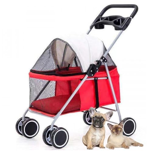 RUYICZB Leichter Kinderwagen für Haustiere, tragbarer, Faltbarer Hundekinderwagen mit multifunktionalem Getränkehalter, Hunde-/Katzenkinderwagen mit feststellbaren Rädern,Rot von RUYICZB